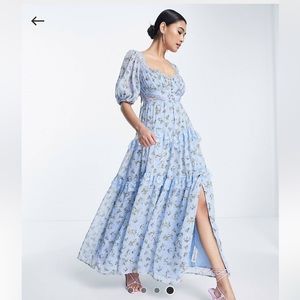 ASOS DESIGN open back lace insert midi tea dress in blue ditsy floral